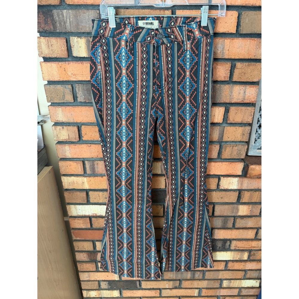Rock & Roll Denim Womens Aztec Print Bargain Button Flare Jeans